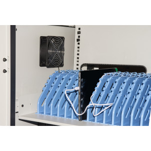 ARMADIO ALLOGGIAMENTO 60 TABLET CON RUOTE MULTIPRESE INCLUSE VENTOLE DI RAFFREDDAMENTO PORTA IN ACCIAIO TRAFORATA COLORE GRIGIO NERO